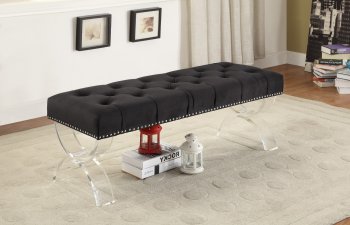 Ava 102 Bench in Black Velvet Fabric by Meridian w/Acrylic Legs [MRBN-102 Ava Black]