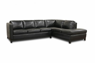 Black Bonded Leather Modern Sectional Sofa w/Wood Base & Legs