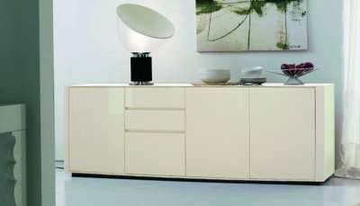 White Piano Finish Modern 3 Door Buffet