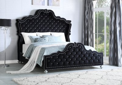 Tiara Black Upholstered Bed w/Crystal-Like Button Tufting