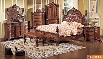 Rich Cherry Finish Leather Upholstered Elegant Bed w/Options [AEBS-Royal]