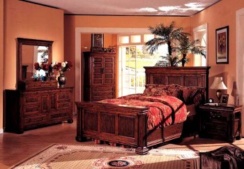 Distressed Walnut Finish Classic Bedroom w/Traditional Panel Bed [CRBS-154-3490]