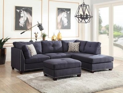 Laurissa Sectional Sofa w/Ottoman 54365 Dark Blue Linen by Acme