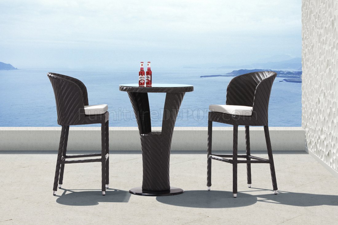 Black Weave Modern 3Pc Outdoor Bar Set w/Glass Top &amp; White Seats