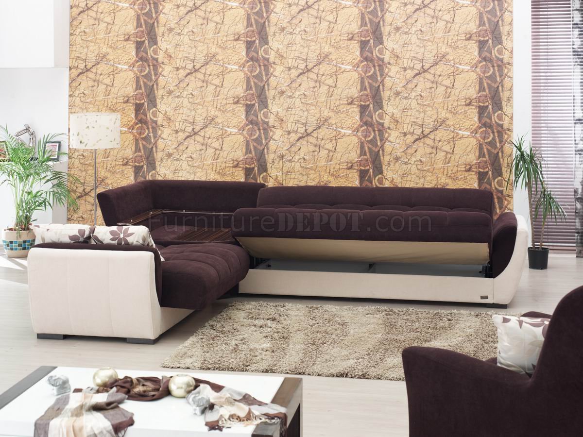 Cream Vinyl & Dark Brown Fabric Modern Sectional Sofa w/Options