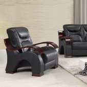 Black Bonded Leather Contemporary Sofa w/Wooden Arms