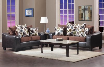 Chocolate Fabric & Dark Brown Vinyl Modern Loveseat and Sofa Set