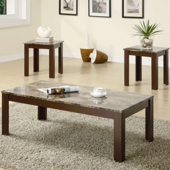 Marble-Like Top & Brown Finish Modern 3Pc Coffee Table Set [CRCT-700395]