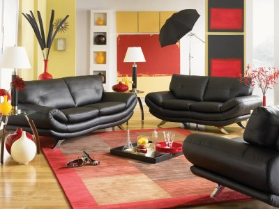 Black Bonded Leather Contemporary Living Room Sofa w/Chrome Legs