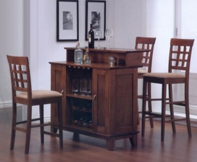 Walnut Finish Contemporary Bar Counter With Wine Rack