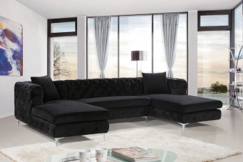 Gail Sectional Sofa 664 in Black Velvet Fabric by Meridian [MRSS-664 Gail Black]