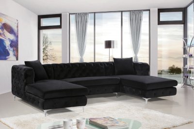 Gail Sectional Sofa 664 in Black Velvet Fabric by Meridian