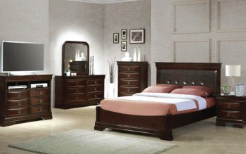 Dark Cherry Finish Transitional Bedroom w/Leatherette Headboard [ABCBS-8136]