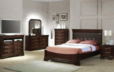 Dark Cherry Finish Transitional Bedroom w/Leatherette Headboard