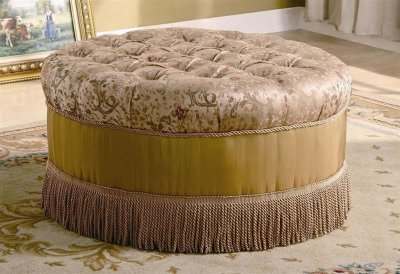 Floral Fabtic Round Ottoman w/Accented Tufts & Decorative Trim