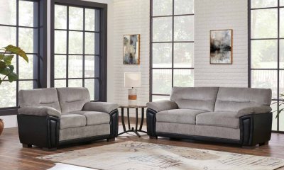 UMC7KD Sofa & Loveseat in Grey Fabric & Black PVC by Global