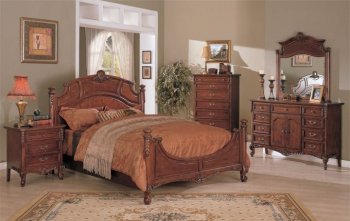 Walnut Finish Traditional Bed w/Hand Carved Antique Details [PXBS-F9132]