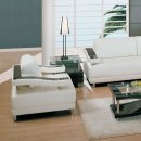 Modern White Leather Living Room with High Gloss Wooden Inlays