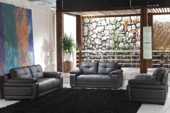 Black Full Italian Tufted Leather Stylish 3PC Living Room Set [VGS-2945]