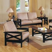 Beige Microfiber Contemporary Living Room with Wooden Frame