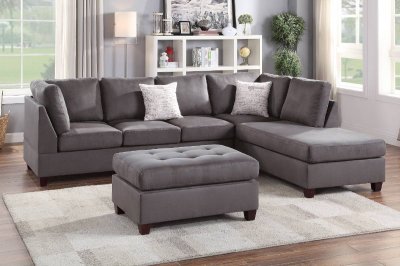 F6424 Sectional Sofa w/Ottoman in Grey Fabric by Poundex