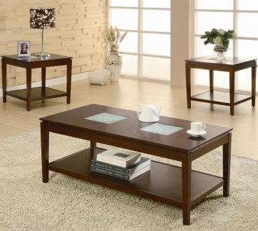Cappuccino Finish Modern 3Pc Coffee Table Set w/Glass Inserts