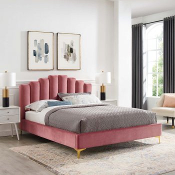 Olivia Upholstered Platform Queen Bed in Dusty Rose Velvet by Mo [MWB-MOD-6280-DUS Olivia]