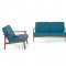 Ridge Loveseat & 2 Chairs Set Blue Linen Fabric & Walnut by VIG