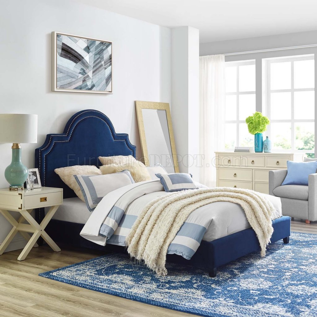 Primrose Upholstered Platform Queen Bed in Navy Velvet by Modway - Click Image to Close