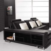 Black Leather Modern Sectional Sofa w/Shelves & Ottoman