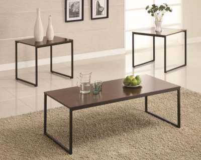 Black Metal Base &amp; Brown Wood Top Modern 3Pc Coffee Table Set