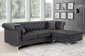 Damian Sectional Sofa 608 in Grey Velvet Fabric by Meridian [MRSS-608 Damian Grey]