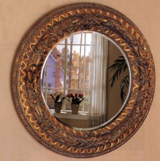 Dark Bronze Finish Frame Round Beveled Mirror w/Carvings