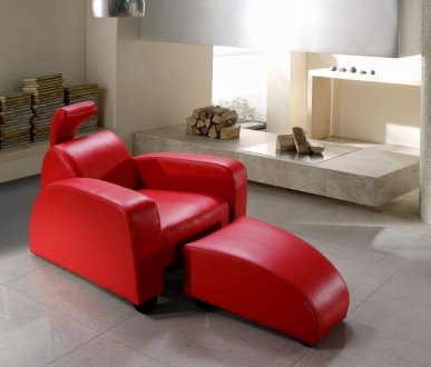 Red Full Leather Ultra Modern Chaise Lounger w/Ottoman