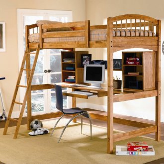 Warm Medium Wood Finish Modern Twin Workstation Loft Bunk