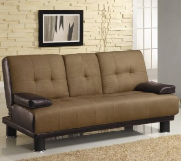 Two-Tone Tan & Brown Convertible Sofa Bed w/Drop Down Console