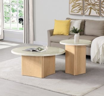 Qwin Coffee Table 3Pc Set LV03005 in Oak by Acme w/Marble Top [AMCT-LV03005 Qwin]