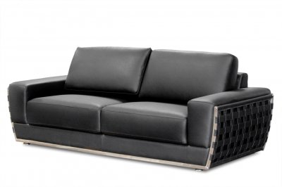 Black Bonded Leather Modern The Wave Sofa w/Optional Items