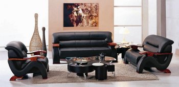 Black Leather Modern 3Pc Sofa Set w/Wooden Arms Rests [VGS-2033-Black]