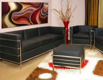 Le Corbusier Style Modern Sofa & 2 Chairs in Black Full Leather [KCS-M41-S2C-Black]