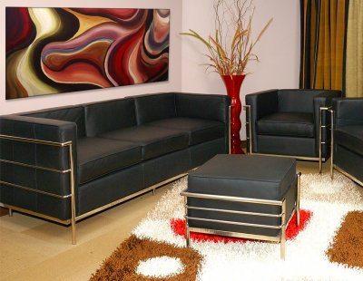 Le Corbusier Style Modern Sofa & 2 Chairs in Black Full Leather