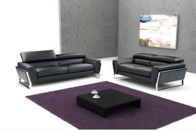 Black Top Grain Italian Leather Modern Sofa w/Optional Loveseat