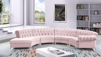 Anabella Sectional Sofa 697 in Pink Velvet Fabric by Meridian [MRSS-697 4Pc Anabella Pink]