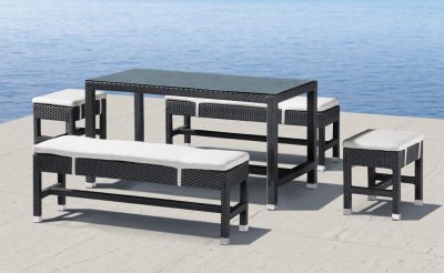 Black Modern 5pc Outdoor Dinette Set w/Clear Glass Top Table