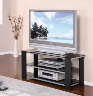 Black Finish Modern TV Stand w/Tempered Glass Shelves