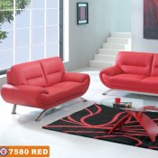 Contemporary Red Leather 7580 Sofa with Options & Metal Legs