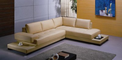 Beige Tufted Leather Modern Elegant Sectional Sofa