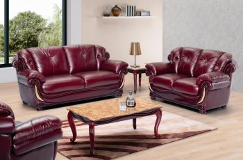 Burgundy Leather Stylish Living Room W/Cherry Wooden Trims [AES-7991 Burgundy]