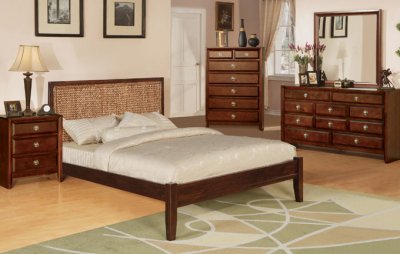 Contemporary Walnut Finish Bed w/Water Hyacinth Headboard