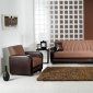 Elegant Truffle & Brown Living Room with Sleeper Sofa & Storage